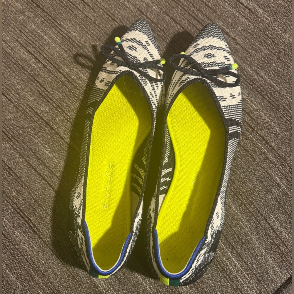 Rothy's The Point Bow flats in the Botanical Navy and White pattern